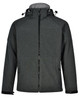 A dark green softshell full zip hoodie featuring a hood, zippered front, and pockets, with a logo on it.