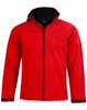A red men's softshell full zip hoodie with a black collar and cuffs. It features a logo on the chest.