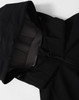 A black men's softshell full zip hoodie featuring a hood and zipped front. It has a logo on the fabric.