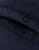 A close-up of a navy blue softshell hoodie featuring snaps and stitching details. The fabric appears sturdy and textured.