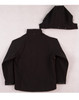 A black ladies' softshell full zip hoodie with an attached hood, featuring a logo.