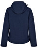 A navy blue ladies' softshell full zip hoodie with a hood and a branded logo on the back.