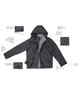 A versatile black jacket with a detachable hood, adjustable cuffs, and several functional features. It has a logo.