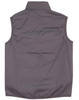 A grey ladies' vest featuring a collar and no sleeves, with gathered detail on the sides. It has a logo.
