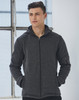 Men's heather bonded fleece jacket in dark grey, featuring a zip front and hood, with a logo on the sleeve.