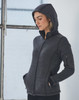 A ladies' heather bonded fleece jacket in dark grey, featuring a zip front and a hood. The jacket has a logo.