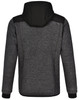 A black and grey men's jacket with a hood, featuring a quilted body and heathered sleeves. It has a logo on it.