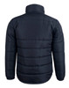 A heavy quilted puffer jacket in navy blue, featuring a high collar and a smooth finish. It has a logo on the back.