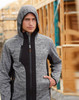 A grey and black zip-up workwear jacket with a hood, featuring a subtle texture and a logo.