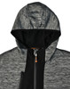 A black and grey patterned workwear hoodie with a hood and zippered front pocket. It features branding on the design.