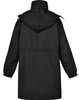 A black long line stadium jacket with a hood and elastic cuffs, featuring a cinched waist and a logo.