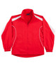 A red track jacket featuring white accents and a logo, designed with a zip front and side pockets.