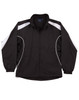 A black track jacket featuring white stripes and a logo, with side pockets and a zip front.