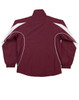 A maroon kids' warm-up jacket with white accents and a standing collar, featuring a logo on the back.