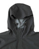 A men's waterproof performance jacket in dark grey, featuring a hood and adjustable ties. It has a logo on the chest.