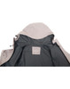 An interior view of a light grey men's waterproof performance jacket featuring a hood and a logo tag inside.