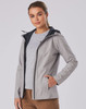 A grey ladies' waterproof performance jacket with a black hood, featuring a logo and zippered pockets.