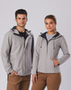 A lightweight grey waterproof performance jacket featuring a hood, worn by two models. The jacket has a logo on it.