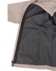 A performance jacket featuring a beige exterior and a dark interior lining with zippered pockets. It has a logo.