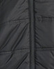A close-up of a black, unisex sustainable parka jacket featuring a seamless design and zip closure.
