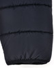A black insulated puffer jacket featuring a 3D cut and a logo. The jacket is plush and slightly shiny.
