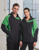 A unisex jacket in black with green accents, featuring a zip and a logo on the chest.