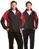 A unisex jacket in black with red accents, featuring a logo. Designed for a stylish and sporty look.