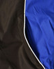 A unisex jacket featuring a combination of black and blue fabric with contrasting white lining.