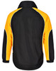 A unisex jacket featuring a black body with yellow and white accents, designed for various outdoor activities.