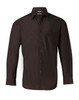 A black long sleeve button-up shirt with a collar and a single chest pocket. It features a logo on the label.