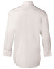 A white long sleeve button-up shirt with a classic collar and button cuffs, featuring a logo.