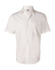 A white short-sleeve button-up shirt with a chest pocket and a collar, featuring a brand logo.