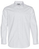 A white long-sleeve button-up shirt featuring a single chest pocket and a collar. It has a logo on the label.