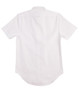 A white short sleeve button-up shirt with a back yoke and curved hem. It has a logo at the back.