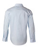 A light blue men's long-sleeve self-stripe button-up shirt with a back view and a branding logo.