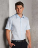 A short-sleeved, self-striped button-up shirt in light blue with a chest pocket, paired with dark trousers.