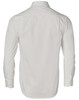 A long-sleeved, button-up shirt in white with a dobby striped texture, featuring a collar and branding on the back.