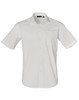 A white short-sleeve button-up shirt featuring a chest pocket and a logo.