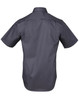 A short-sleeved men's button-up shirt in dark grey with a smooth finish and a logo on the back.