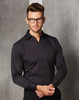 A men's long sleeve button-up shirt with a black and dark striped pattern. It features a collar and a logo.