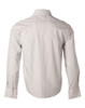 A men's long-sleeve button-up shirt with a grey and white ticking stripe pattern and a logo on the back.