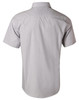 A grey short-sleeve button-up shirt with fine stripes and a logo on the back.