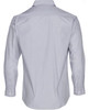A grey and white striped long sleeve button-up shirt featuring a classic collar and a branding logo.