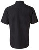 A short-sleeve men's button-up shirt in black with white pin stripes, featuring a collar and a branded logo.