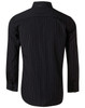 A black long sleeve shirt with white pin stripes and a back view, featuring a logo on the collar.