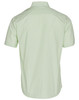 A light green short sleeve button-up shirt with a vertical stripe pattern and a logo on the back.