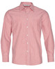 A long sleeve button-up shirt featuring red and white stripes, with a collar and button closure, and a logo on the label.