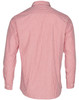 A men's long sleeve button-up shirt featuring red and white stripes and a back view. It has a logo on it.