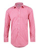 A men's long-sleeve button-up shirt in red and white gingham check pattern with roll-up sleeves. It features a branding logo.