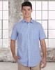 A short-sleeved men's button-up shirt in blue and white gingham check, featuring a logo on the chest.